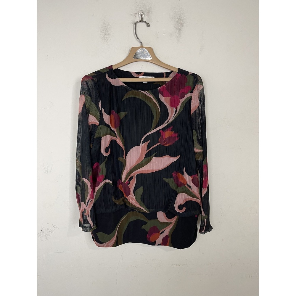 Chicos Floral Plisse Blouse Womens Size 3 XL Black‎ Pink Mesh Sleeve Banded Hem